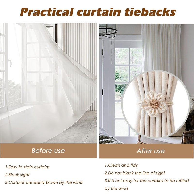 SRG 4pcs Handmade Pearl Curtain Tiebacks Boho Flower Curtain Holdbacks with Buckle Pins Simple Elegant Sunflower Rope Curtain Boho Bedroom Decor(Large Cream&Khaki) - Image 4